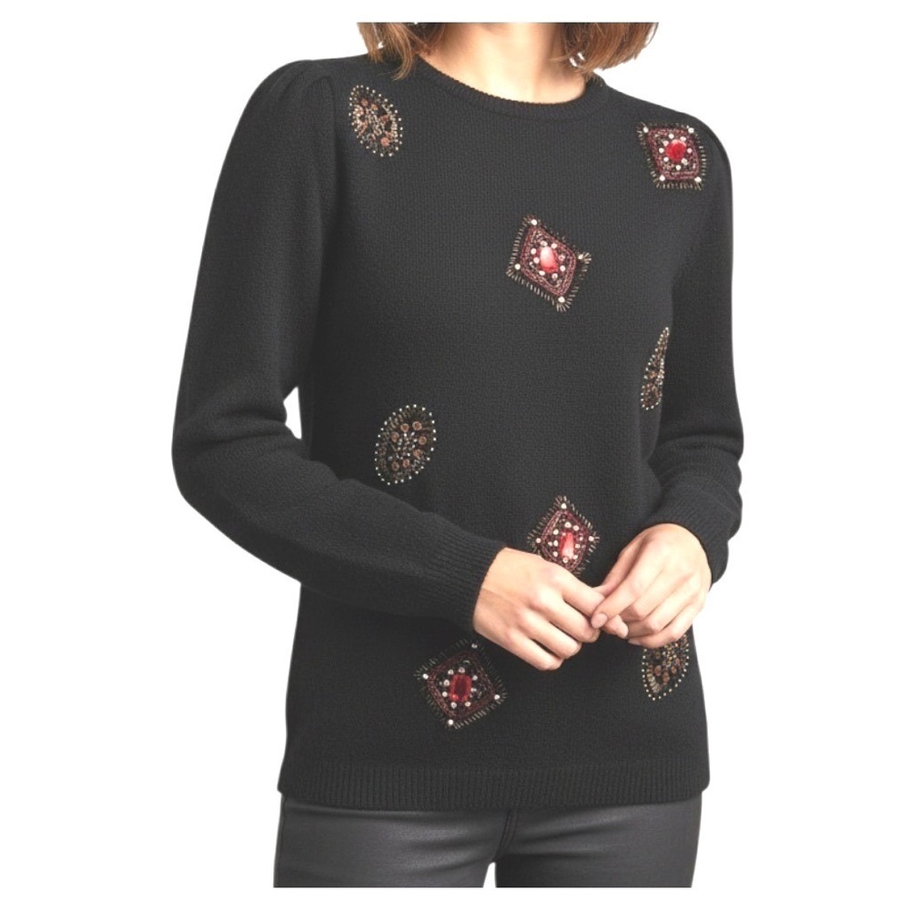Vtg Black Sweater Fancy BEADED PEARLS Red/Bronze/Cream ANGORA/Lambswool sz M